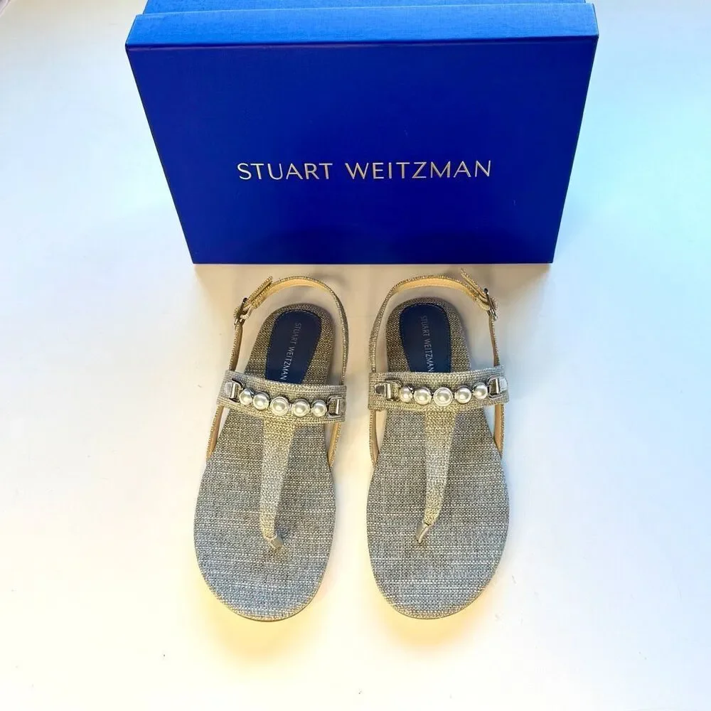 NEW Stuart Weitzman Perla women T-strap sandals in gray/light blue. Size 6